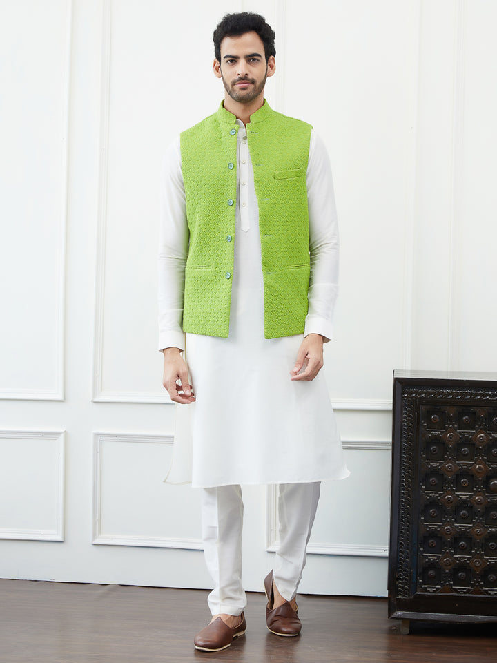 Pure Cotton Straight Kurta & Pyjama with Embroidered Nehru Jacket