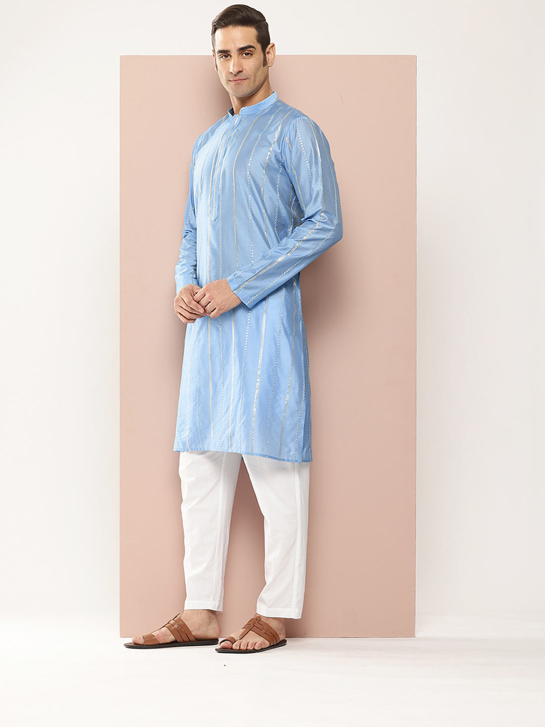 Men's Turquoise Blue Sequins Embroidered Chanderi Silk Straight Kurta