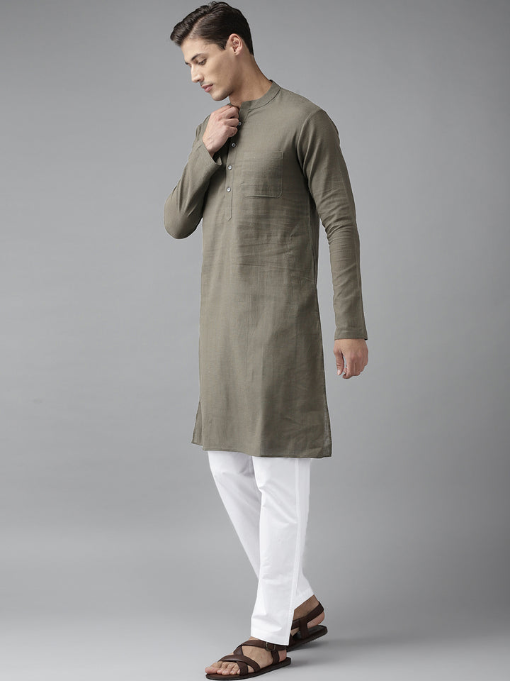 Men Khaki Cotton Slub Straight Kurta With Pyjama