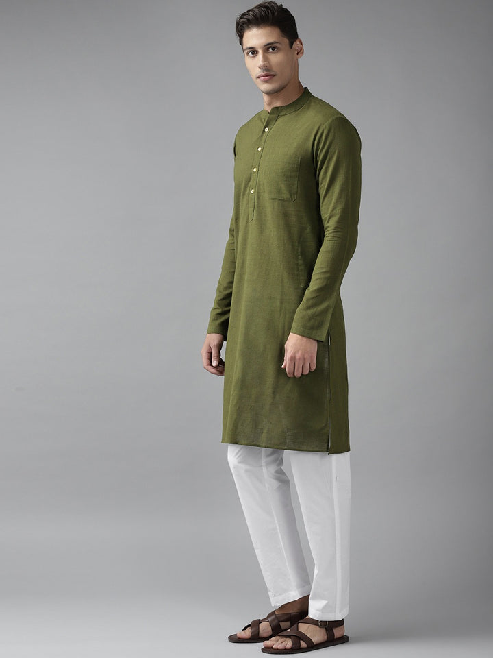 Men Olive Green Cotton Slub Straight Kurta with Pyjama