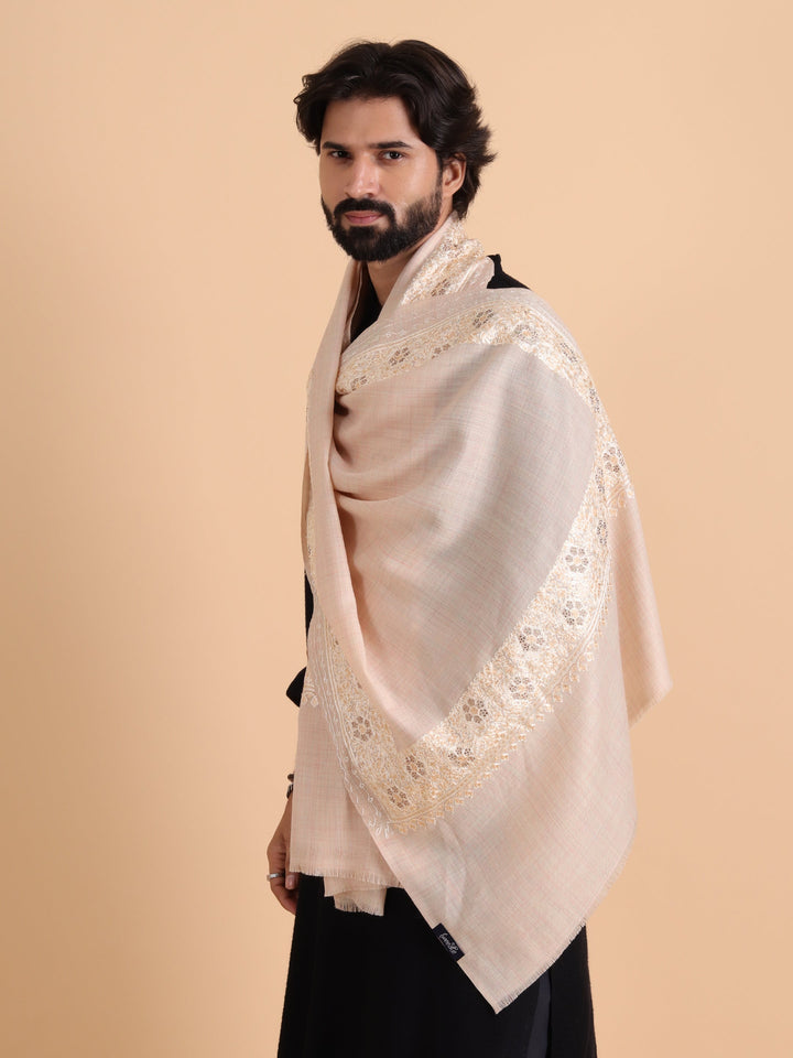 Tweedle Fine Wool Aari Embroidery Stole / Scarf for Men, Border Design with Stone Work - Off-White