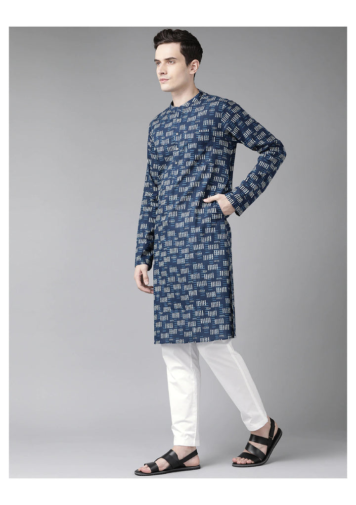 Men Blue And Beige Printed Straight Kurta With Pyjama