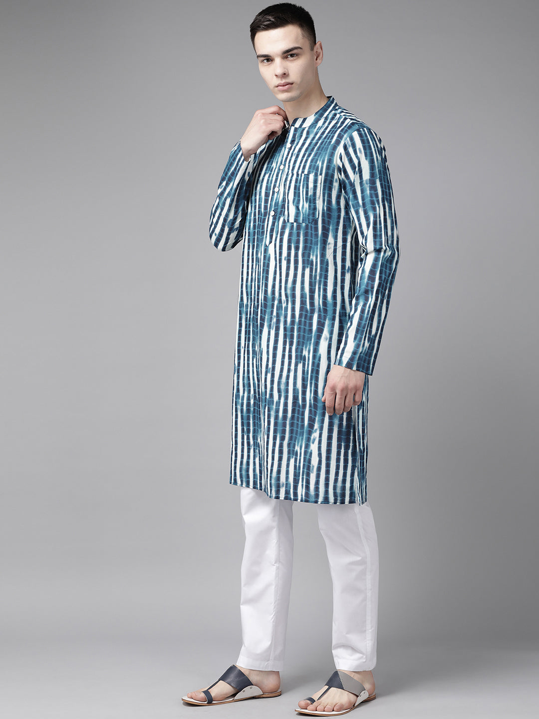 Men Blue Multi Tie and dye Print Design Straight Kurta With Pajama
