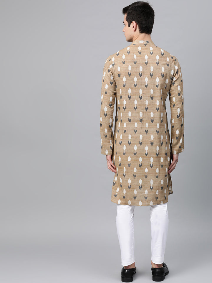 Beige Printed Straight Kurta With Pyjama