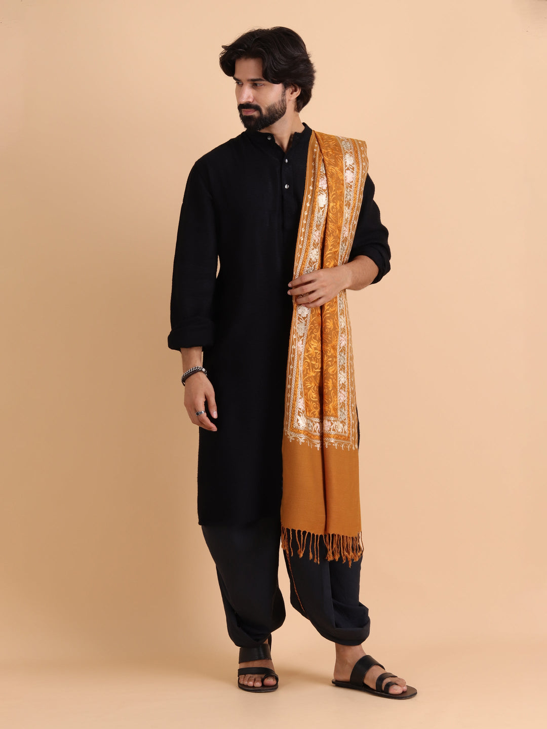 Tweedle Men's Acro Wool Kashmiri Embroidery Stole, Mustard, Size - 28 x 80 inches