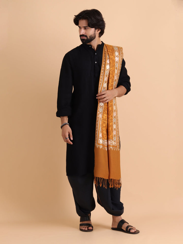 Tweedle Men's Acro Wool Kashmiri Embroidery Stole, Mustard, Size - 28 x 80 inches