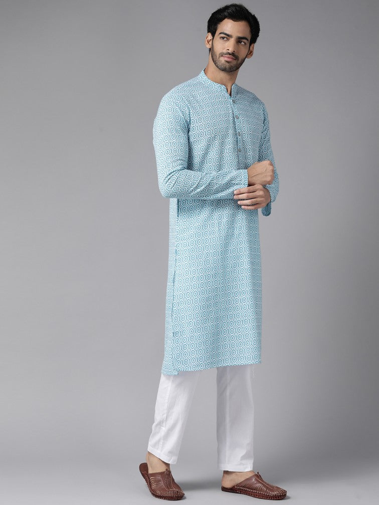 Men Blue-Coloured & White Printed Pure Cotton Straight Kurta With Pyjama