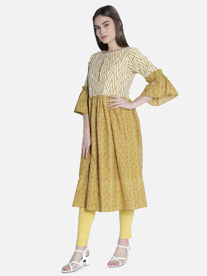 Women Mustard And Off White Printed Dress
