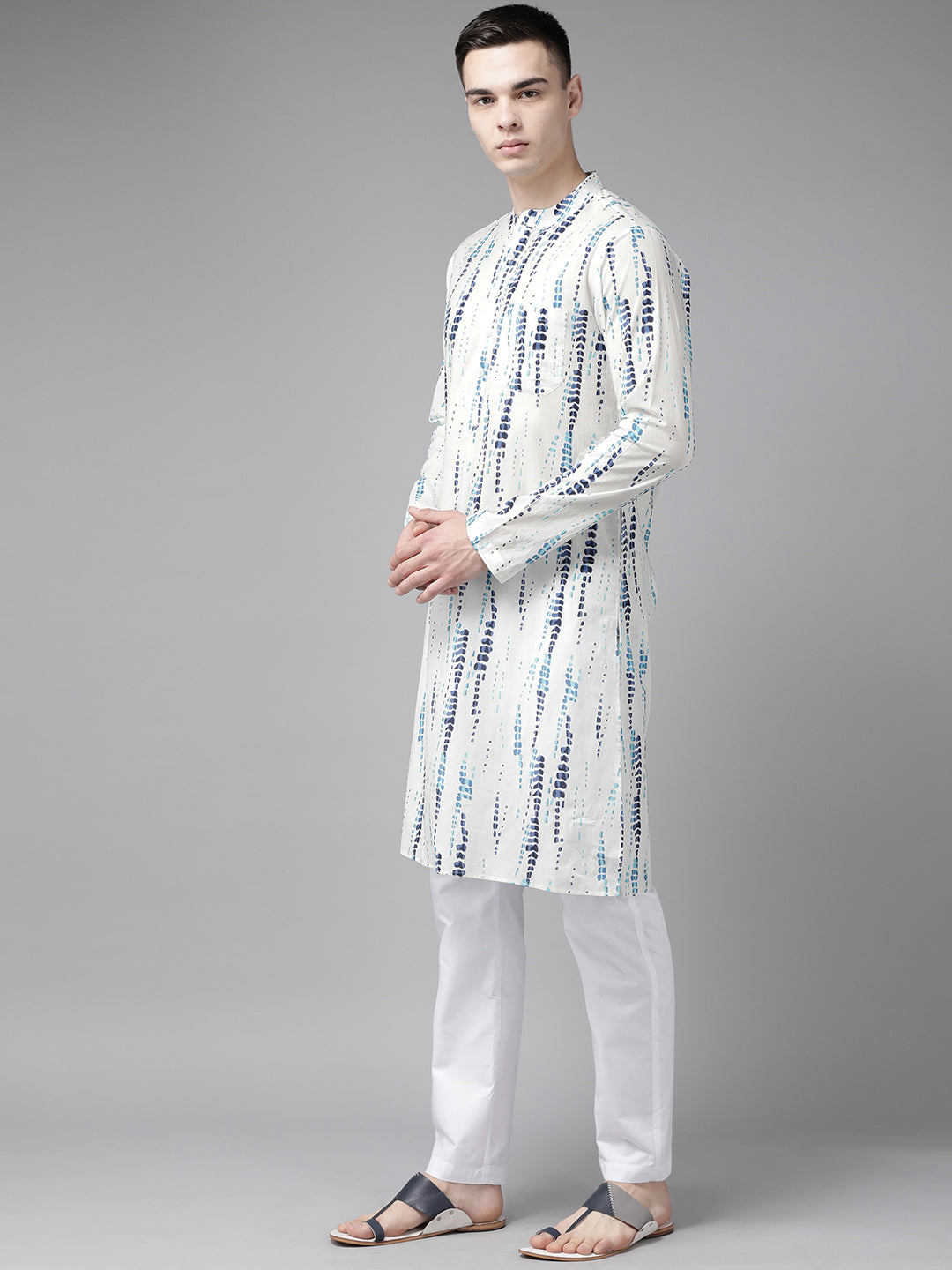 Men White Multi Tie and dye Print Design Straight Kurta With Pajama
