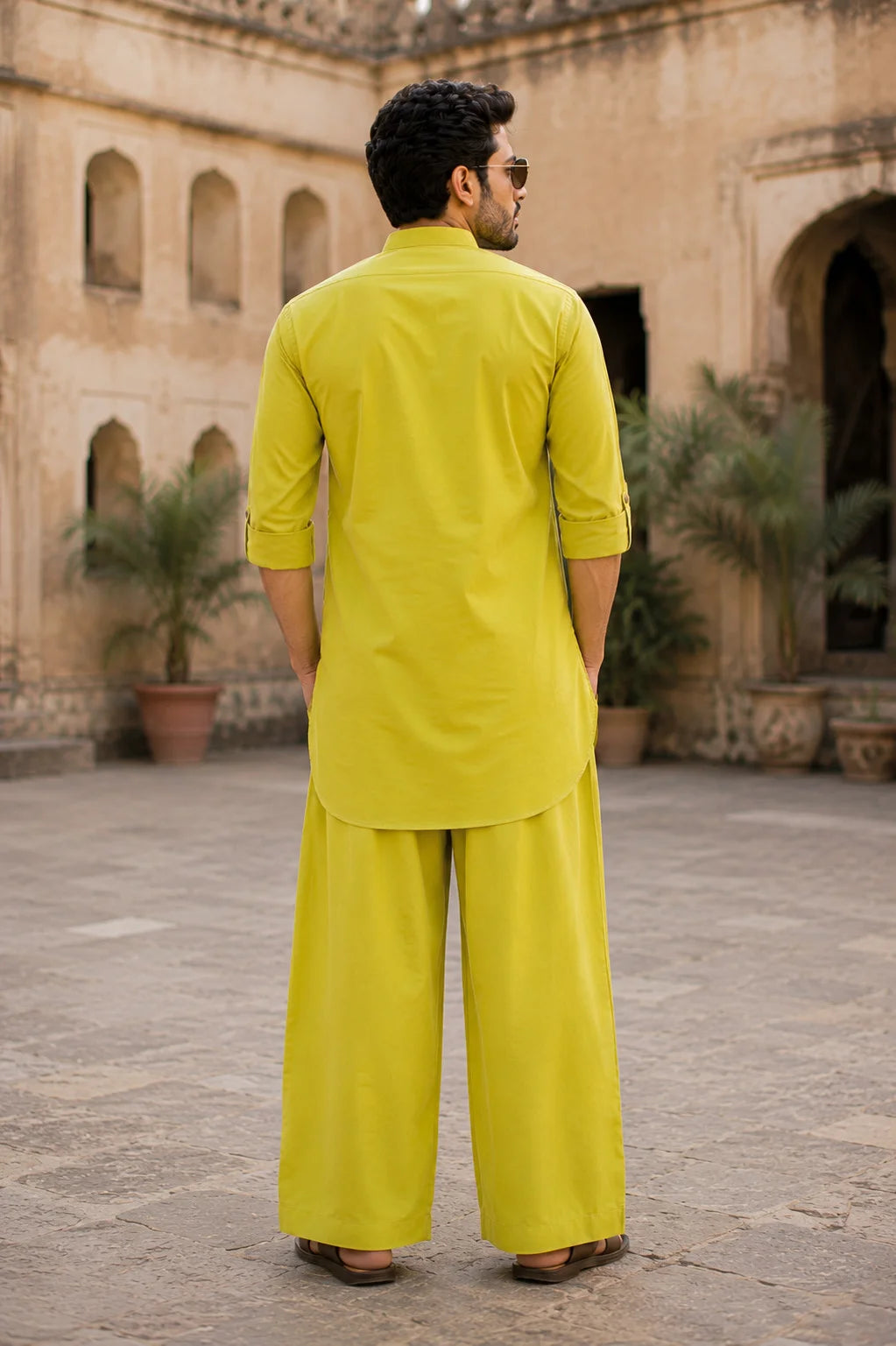 Men's Lime Green Rayon Solid Pathani Set