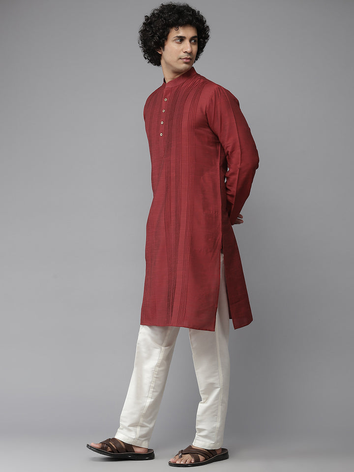 Men Red Cotton Slik Straight Kurta With Pyjama