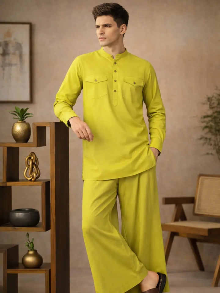 Men's Lime Green Rayon Solid Pathani Set