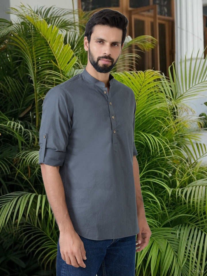 Men Pack of 2 Olive & Grey Cotton Solid Short Kurta