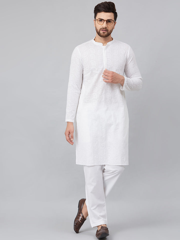 Men White Chikankari Embroidered Woven Design Straight Kurta