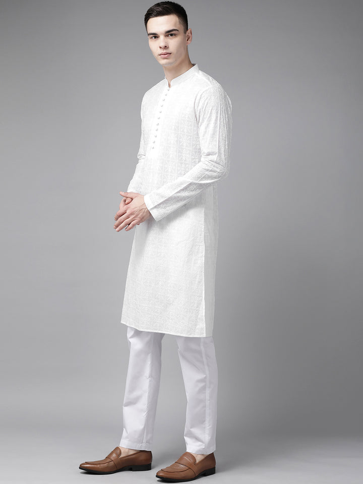 Men White Pure Cotton Chikankari Embroidered Straight Kurta