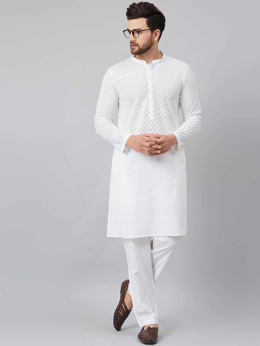 White Green Chikankari Embroidered Woven Design Straight Kurta With Pyjama