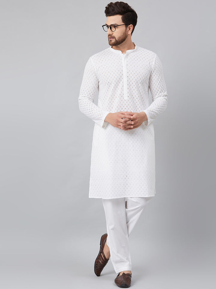 White Green Chikankari Embroidered Woven Design Straight Kurta With Pyjama