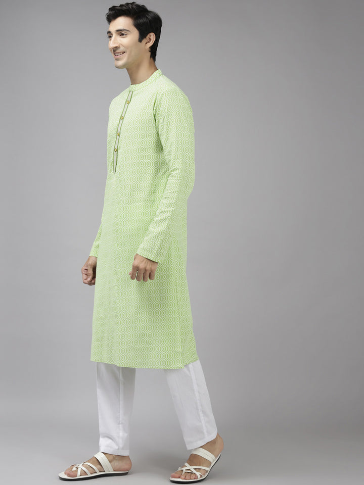 Men Lime Green And White Printed Pure Cotton Straight Kurta