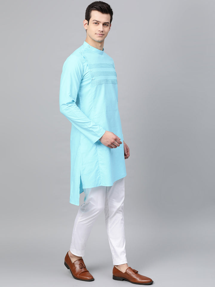 Turquoise Blue Solid Straight Kurta With Yoke Thread Work With Kurta Pyjama