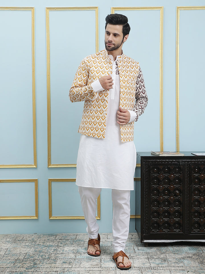 Printed Pure Cotton Straight Kurta & Pyjama with Printed Nehru Jacket