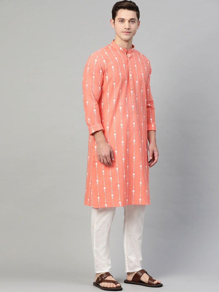 Men Peach & White Printed Straight Kurta