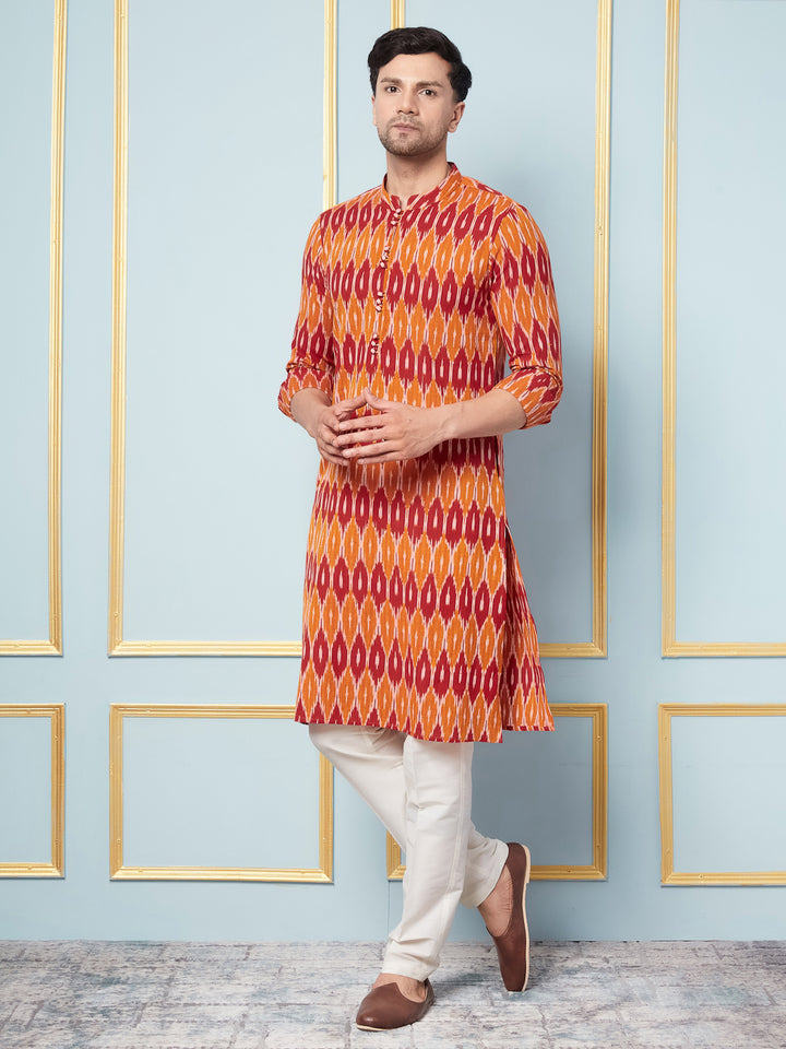 Orange Ikat Printed Kurta With Pyjama