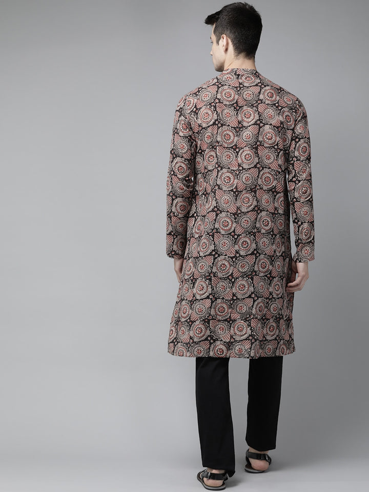 Men Beige And Black Kalamkari Block Printed Straight Sustainable Kurta