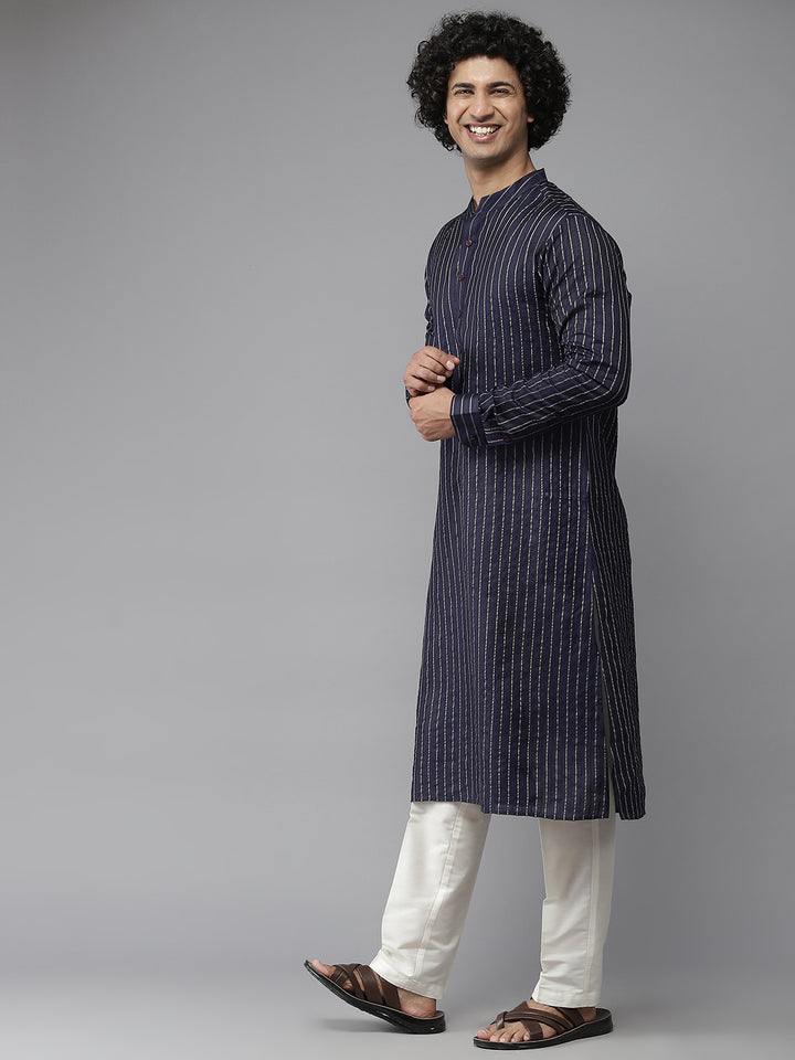 Men Blue And Grey-Toned Woven Design Kurta With Pyjama