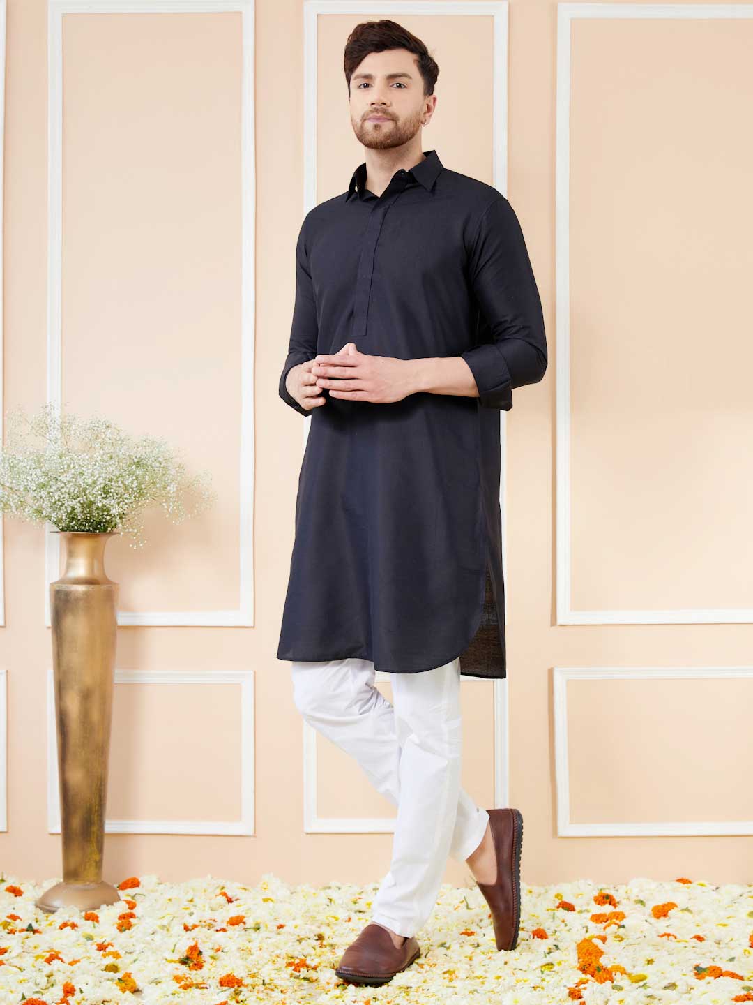 Kurta Stylish Black Cotton Solid Pathani Kurta men's kurta