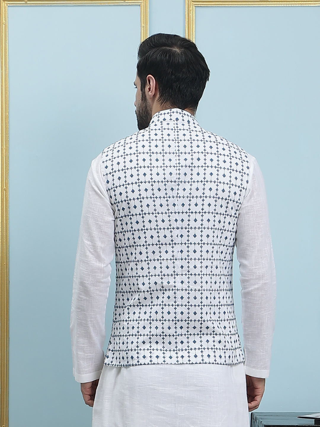 Pure Cotton Straight Kurta & Pyjama with Embroidered Nehru Jacket