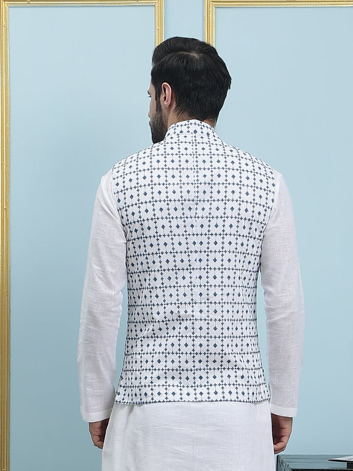 Pure Cotton Straight Kurta & Pyjama with Embroidered Nehru Jacket