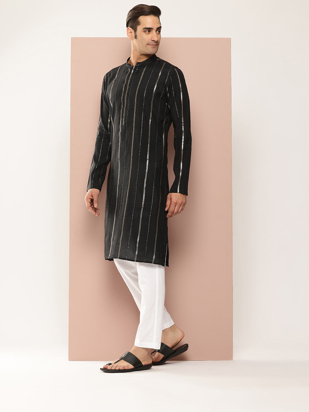 Men's Black Sequined & Embroidered Pure Chanderi Silk Straight Kurta