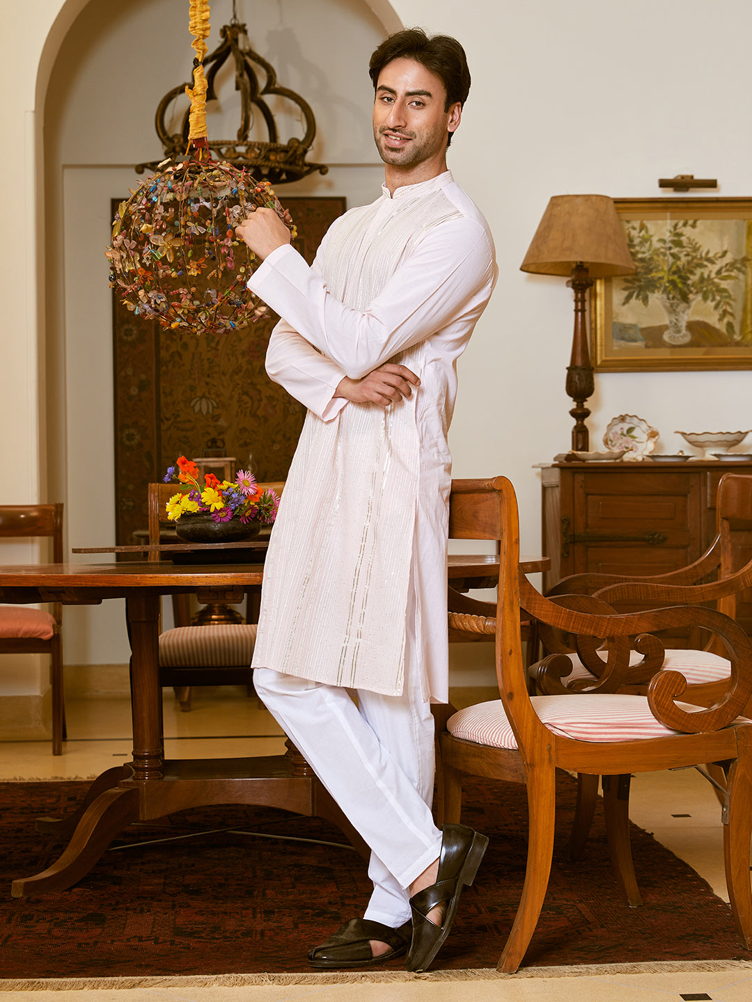 Gota Strips and Sequins Embroidered Pure Cotton Straight Kurta with Pyjama