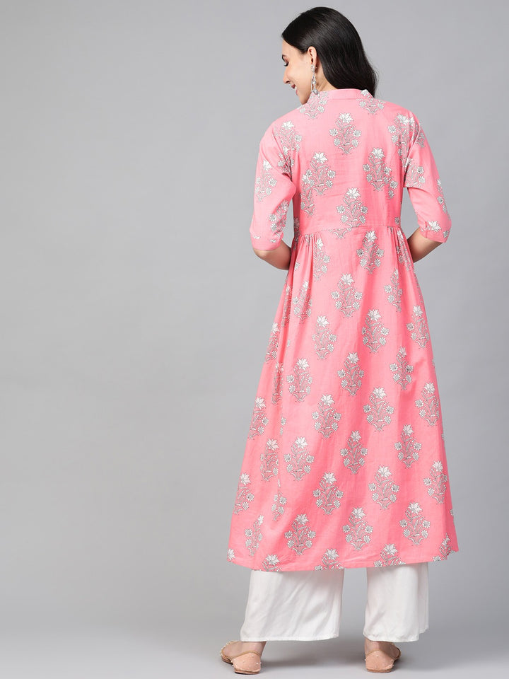Women pink And Off-White Printed A-Line Kurta
