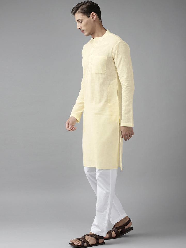 Men Cream Cotton  Straight Kurta with Slub Effect With Pyjama