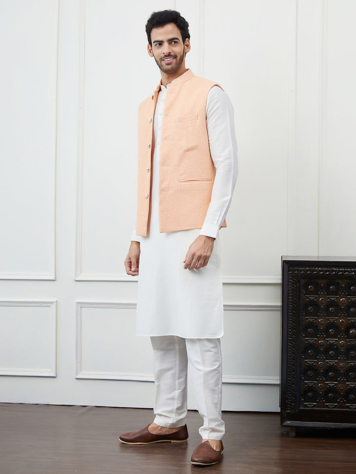 Pure Cotton Straight Kurta & Pyjama with Sequins Embroidered Nehru Jacket