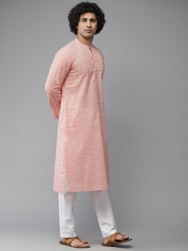 Men Peach-Coloured & White Printed Pure Cotton Straight Kurta With Pyjama