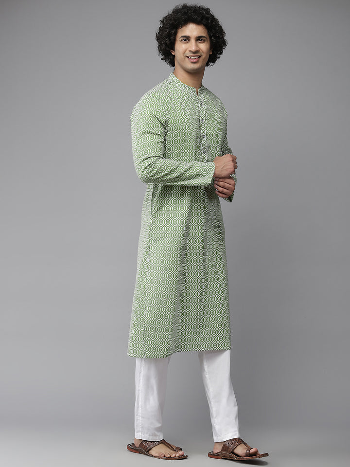 Men Green-Coloured And White Printed Pure Cotton Straight Kurta With Pyjama