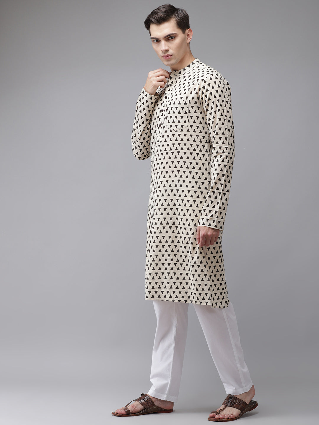 Men Beige And Black Hand Block Print Sustainable Straight With Kurta Pyjama