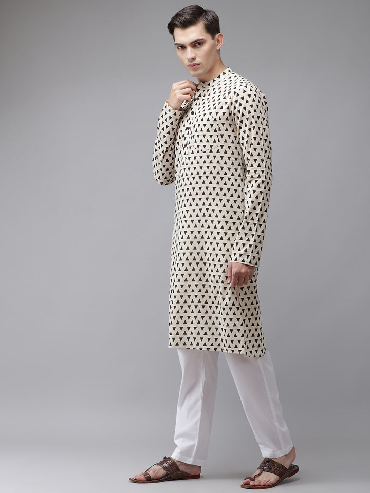 Men Beige And Black Hand Block Print Sustainable Straight With Kurta Pyjama