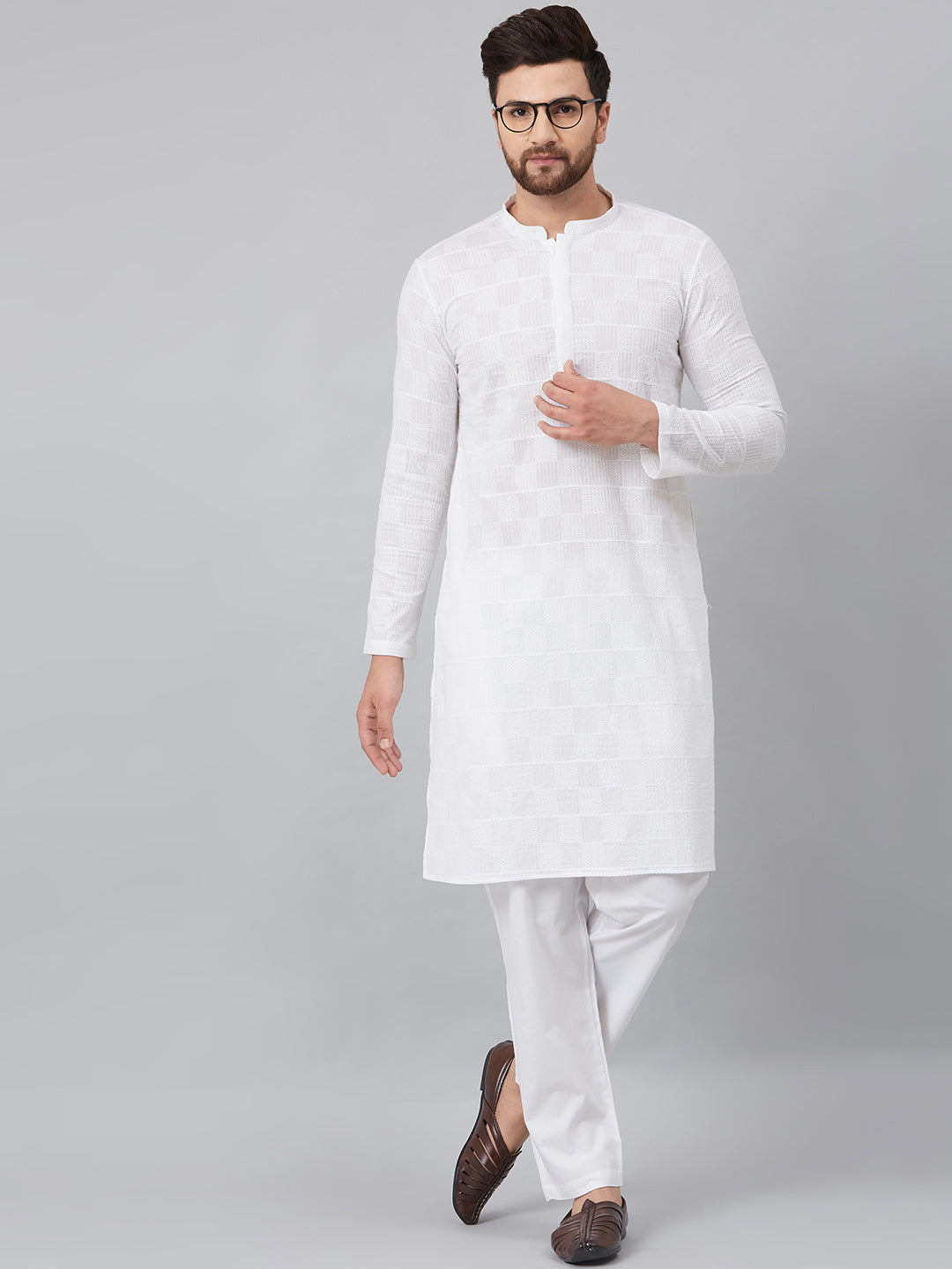 White Green Chikankari Embroidered Woven Design Straight Kurta With Pyjama