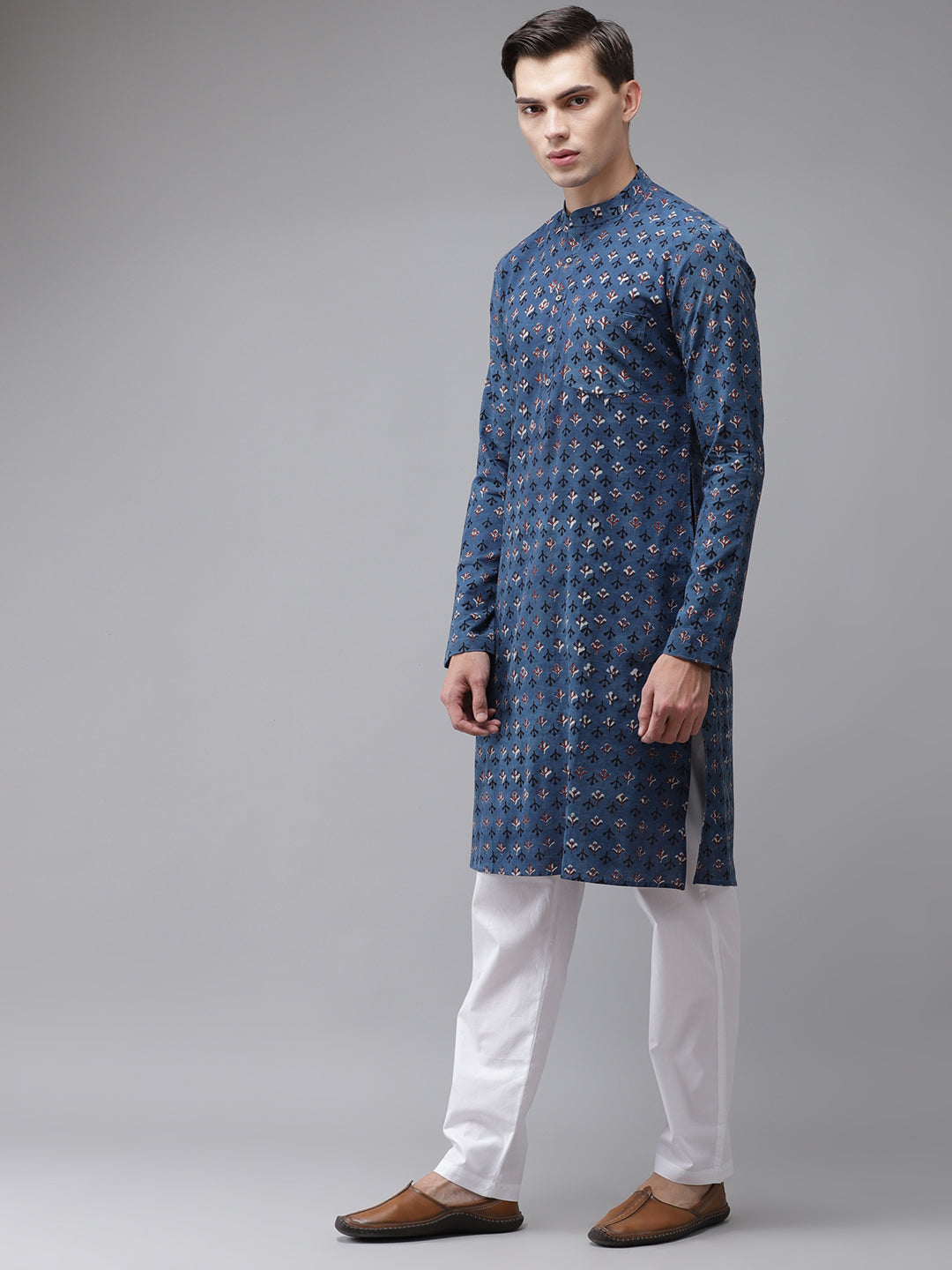 Men Blue And Maroon Hand Block Print Sustainable Straight With Kurta Pyjama