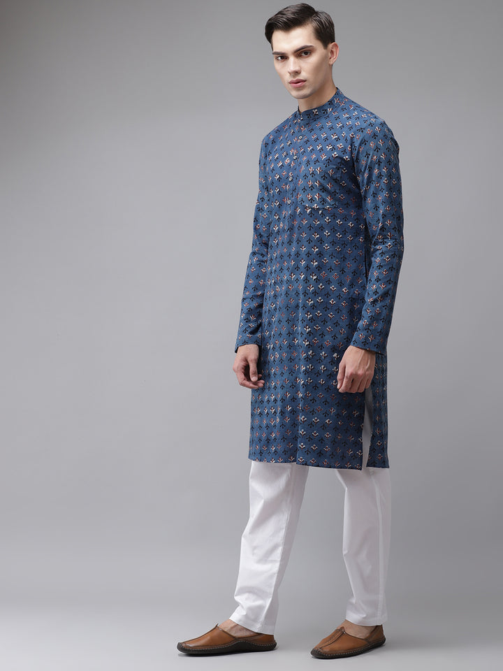Men Blue And Maroon Hand Block Print Sustainable Straight With Kurta Pyjama
