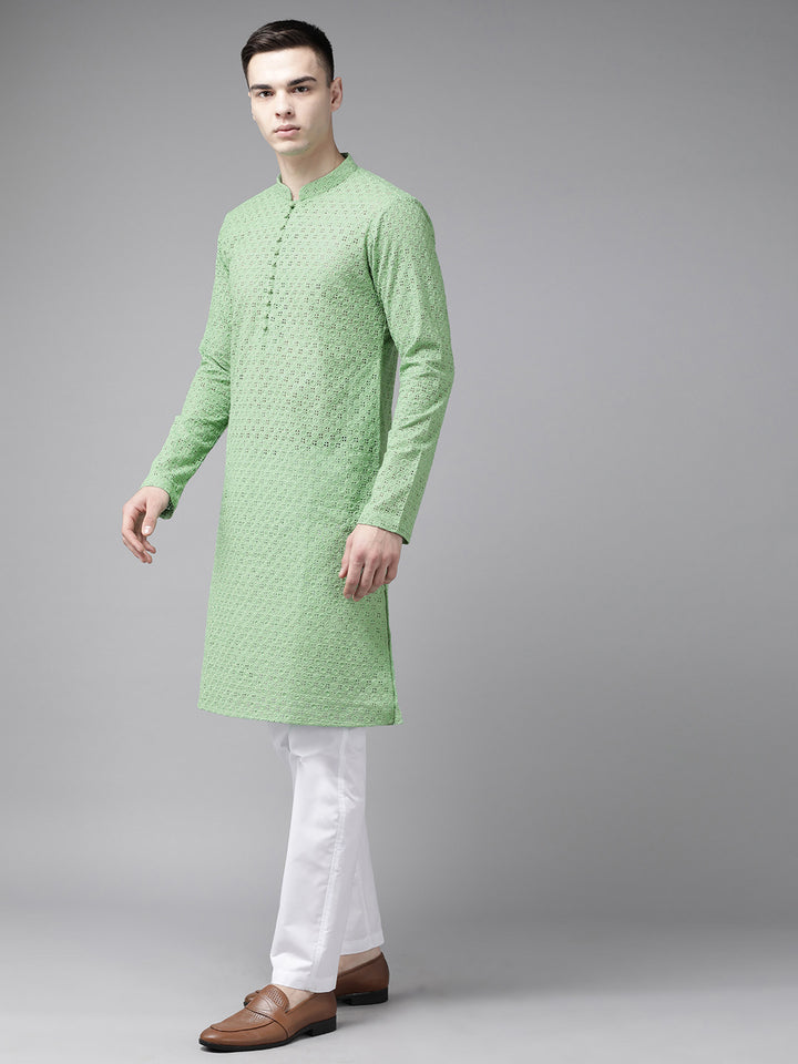Men Green Pure Cotton Chikankari Embroidered Straight Kurta