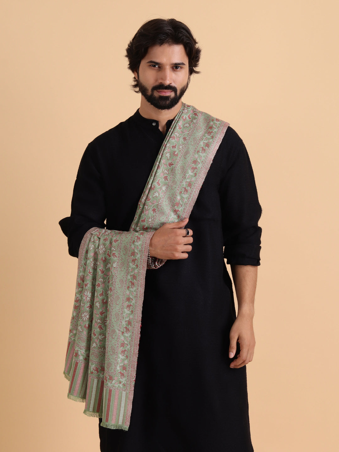 Tweedle Men’s Traditional Kani Shawl for Winters - Olive Green, Size - 40 x 80 inches