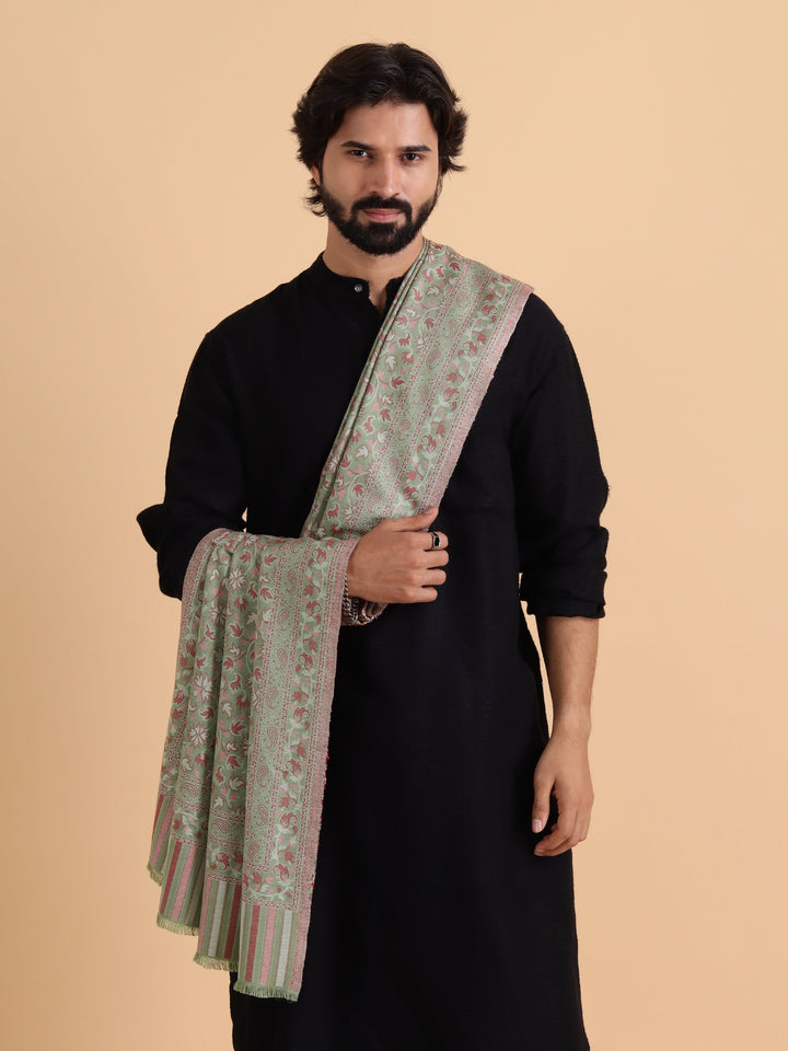 Tweedle Men’s Traditional Kani Shawl for Winters - Olive Green, Size - 40 x 80 inches