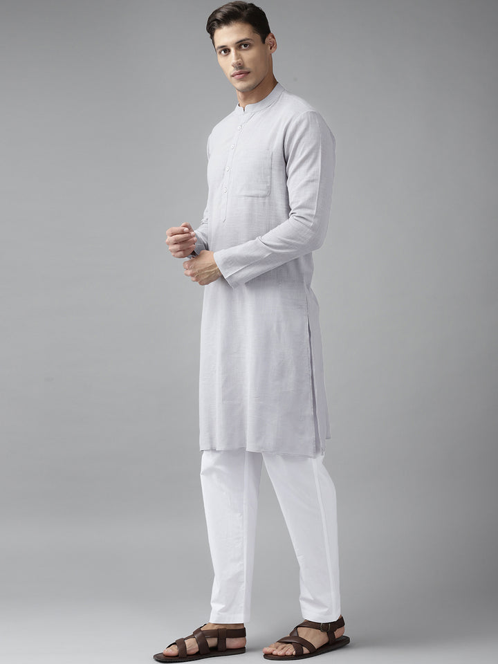 Men Grey Cotton Slub Straight Kurta with Pyjama