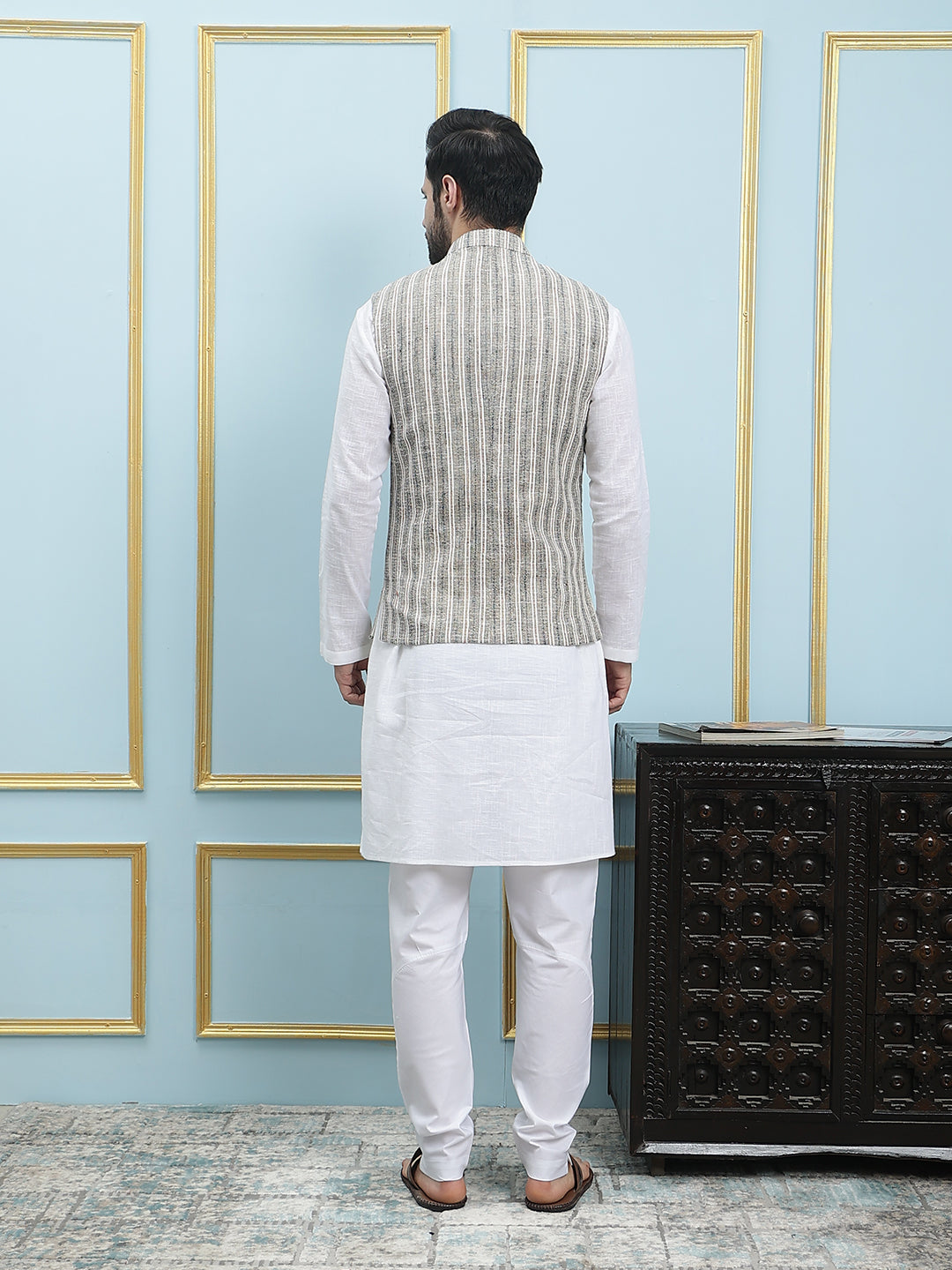 Pure Cotton Straight Kurta & Pyjama with Handwoven Pure Cotton Nehru Jacket