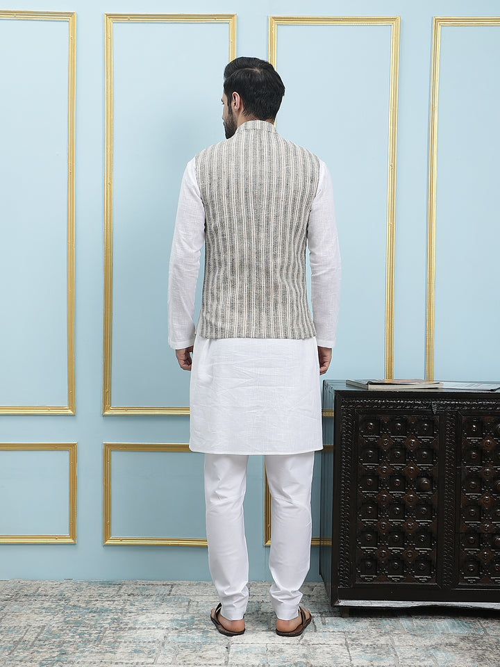 Pure Cotton Straight Kurta & Pyjama with Handwoven Pure Cotton Nehru Jacket