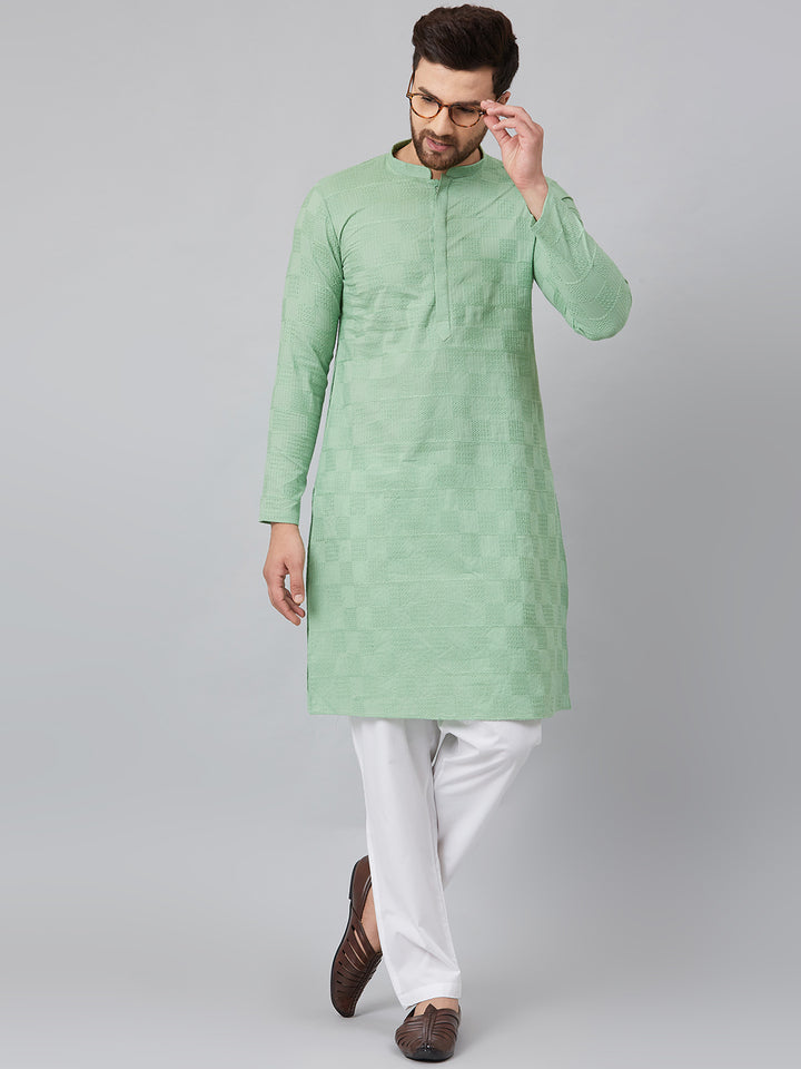 Men Green Chikankari Embroidered Woven Design Straight Kurta With Pyjama